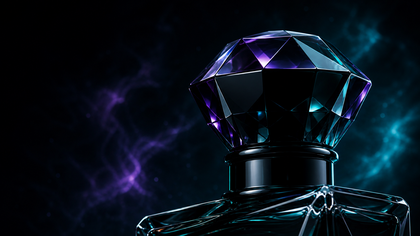 Faceted perfume bottle cap with teal and violet reflections