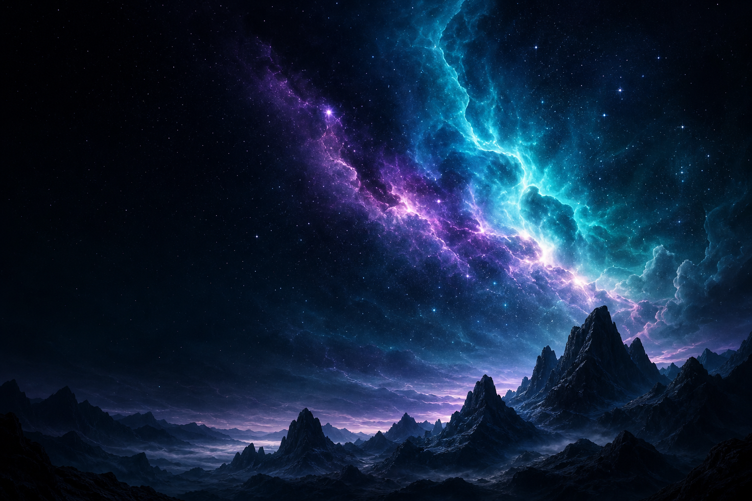 Teal and violet nebula above dark mountains